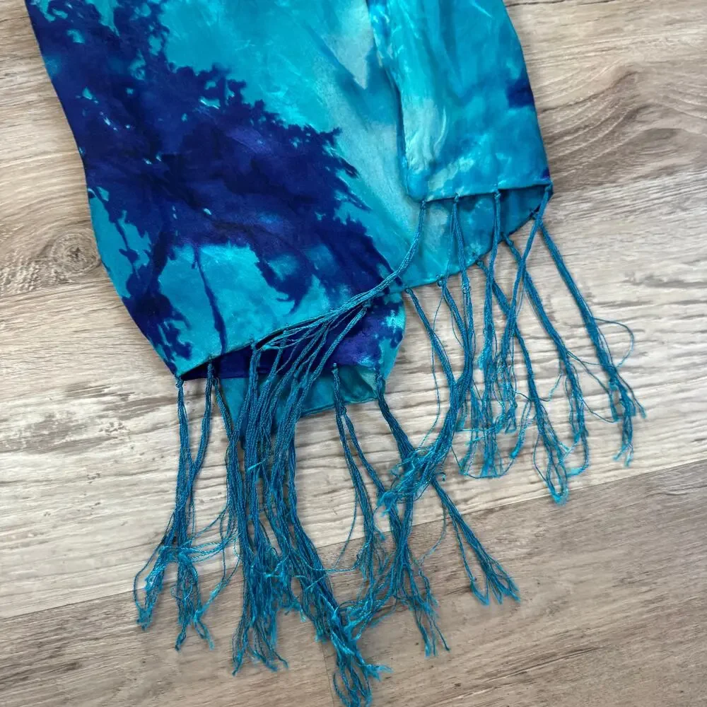 Vintage 100% Silk Blue Aqua Tie Dye Fringe Scarf Boho Resort Wrap